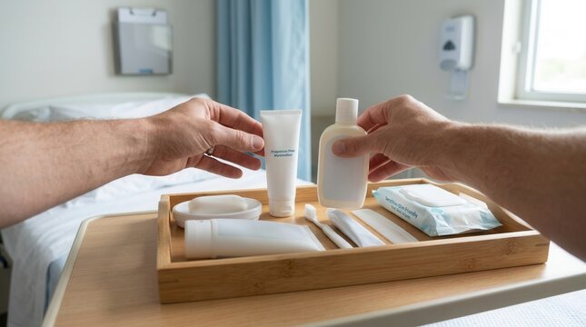 Patient receiving personal care kit with toiletries and hygiene items on a hospital tray table, with bed in background.