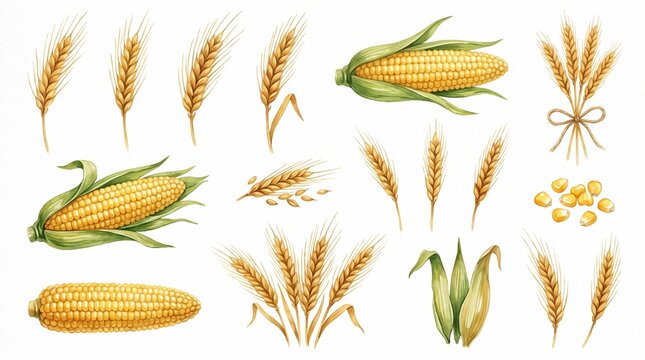 Watercolor illustration set of golden corn cobs and wheat stalks isolated on white background