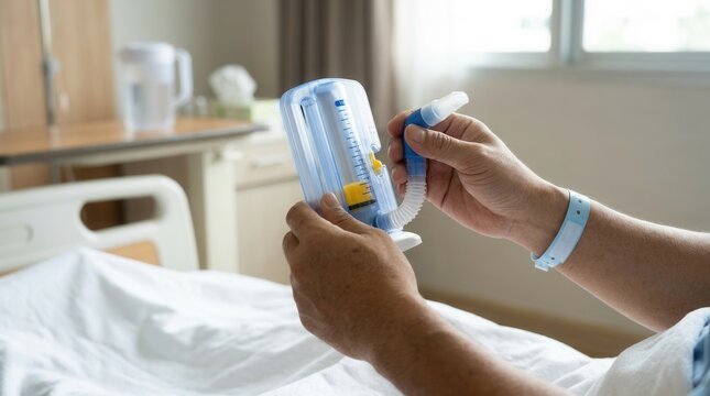 Patient recovering in hospital bed using a spirometer for breathing exercises to aid lung function recovery after illness or surgery