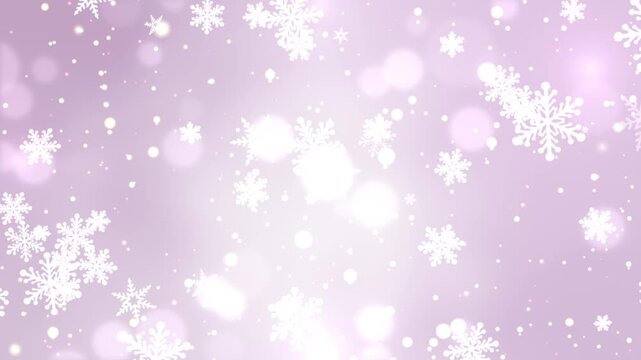 ラベンダーパープル背景に舞い散る雪の結晶と光のボケのシームレスループ動画素材 / Snowflake and glowing bokeh loop on lavender purple gradient background