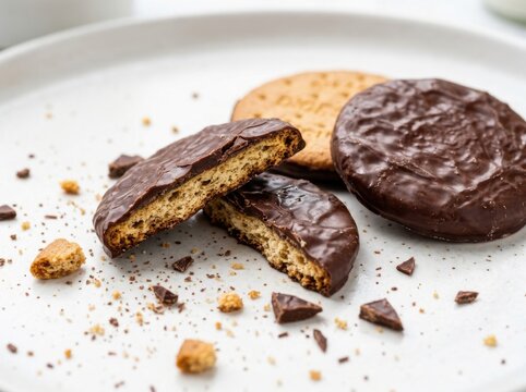 Chocolatecovered digestive biscuits on a white plate with crumbs, one broken in half