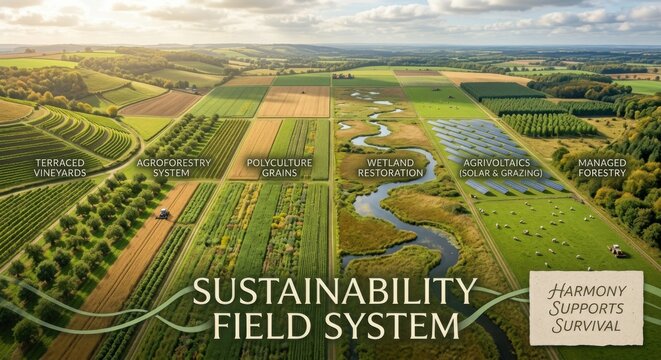 Sustainable Field System: Integrated Agroforestry, Polyculture, Wetland Restoration, and Agrivoltaic Farming