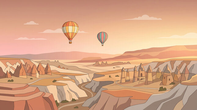 Minimalist flat vector illustration of hot air balloons floating over limestone valley cliffs in Cappadocia during a warm sunrise.