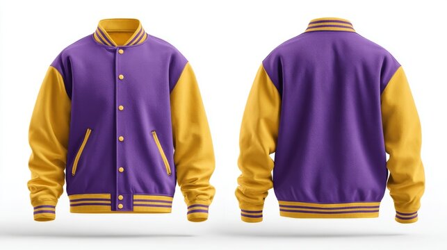Realistic varsity jacket mockup with purple body and yellow sleeves, ribbed collar and hem, front and back view on white background for custom apparel design and fashion branding