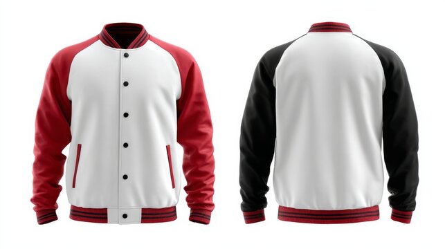 Stylish blank white varsity jacket with red and black sleeves front and back view for custom apparel design mockups, college style streetwear clothing template