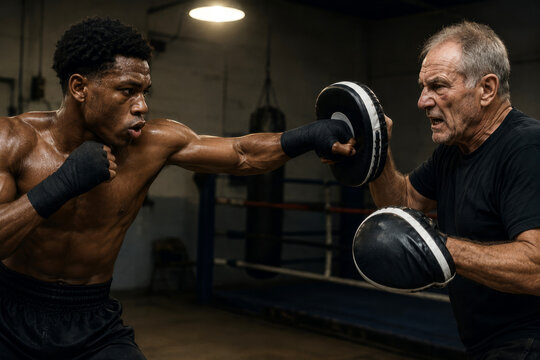 A boxer extends a straight punch toward a focus pad held by his older coach in a dim gym, with both men facing each other. Combat skill development