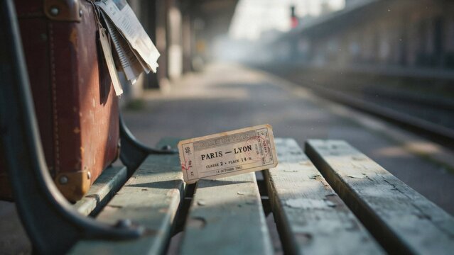 Vintage train ticket and suitcase on a railway platform bench