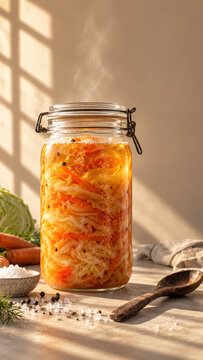Fermented vegetable jar with cabbage and carrot in morning light creating gut health ritual with natural probiotics and steam rising warmly