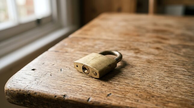 Brass padlock resting on a rustic wooden table representing security and protection
