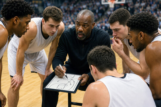 Basketball players lean around their coach as he marks a clipboard during a courtside huddle, with the wooden floor behind them. Team strategy concept