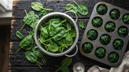 Fototapeta premium Fresh spinach leaves in a colander and cooked spinach in a muffin tin on a charred wooden table