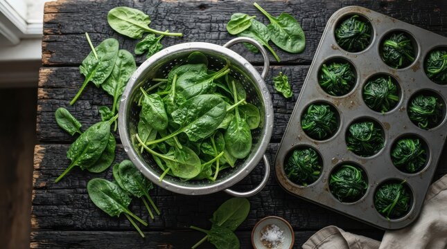 Fresh spinach leaves in a colander and cooked spinach in a muffin tin on a charred wooden table