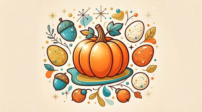 Whimsical autumn illustration featuring a central pumpkin surrounded by acorns leaves and decorative seasonal elements in retro style