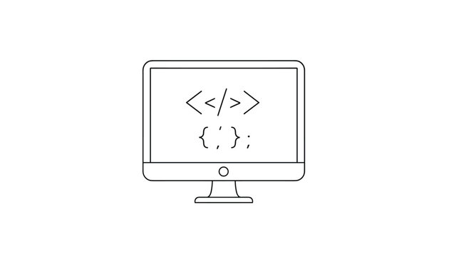 Minimalist black and white outline icon of a computer monitor screen displaying programming language symbols for web development and coding.