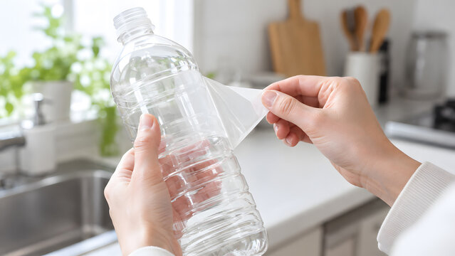 ペットボトルからラベルをはがして分別する手元