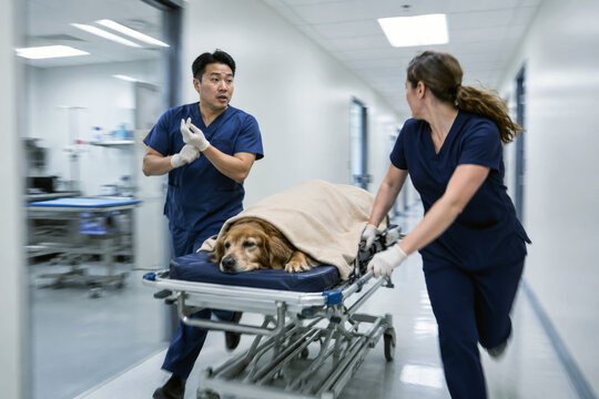 Veterinary staff guide a wheeled gurney carrying a dog beneath a blanket through a bright clinical corridor. Emergency animal care coordination