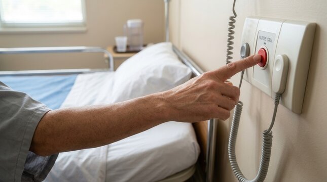 Patient's hand pressing nurse call button in hospital room, seeking medical assistance