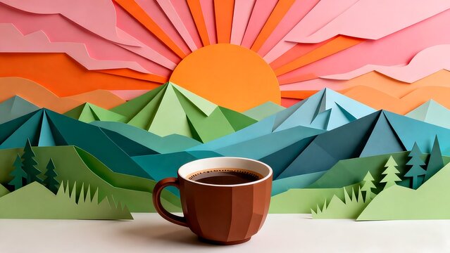 A brown mug of coffee set against a colorful layered papercut landscape of mountains and sunrise
