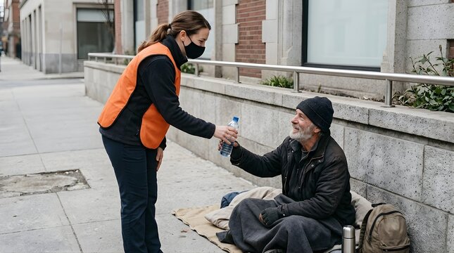 Female volunteer wearing a mask giving water to a homeless man on city street