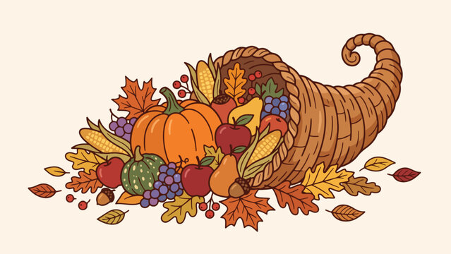 Vector illustration of traditional thanksgiving cornucopia with autumn harvest fruits, vegetables and leaves