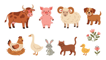 Obraz premium Cute Cartoon Farm Animals Icon Set Featuring Kawaii Cow Pig Sheep Dog Hen Goose Rabbit Cat and Duckling Characters Vector Illustration