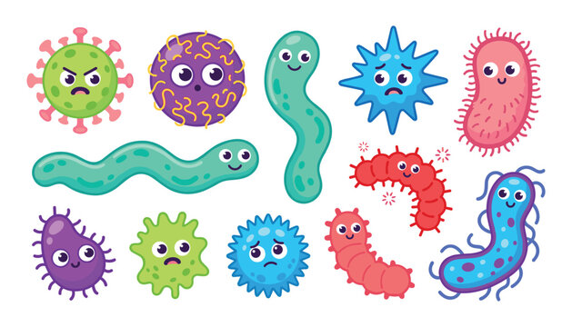 Cute Cartoon Bacteria and Virus Microorganisms Vector Illustration Set with Friendly and Angry Germs Characters for Biology Education and Hygiene Awareness Layouts