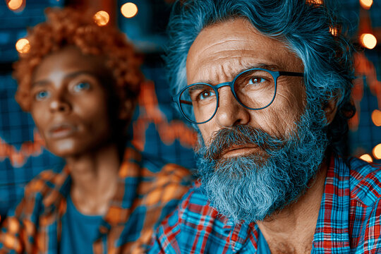 Mature bearded man wearing glasses and patterned shirt sitting with woman