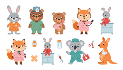 Fototapeta premium Cute animal doctor and patient set with veterinary characters clinic medical icons teddy bear rabbit fox and kangaroo illustration vector