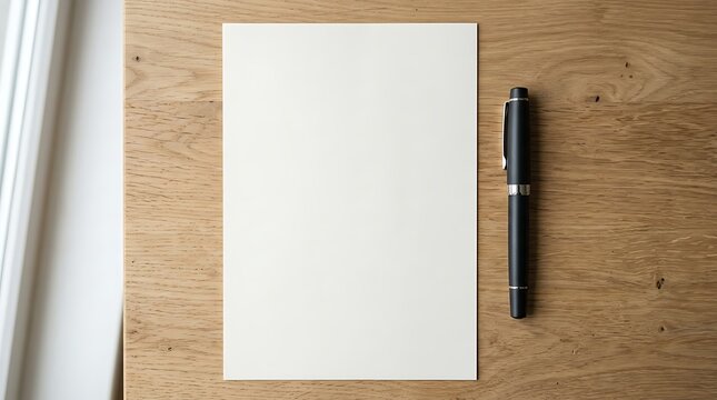 Blank white paper sheet and black pen on wooden desk for mockup design