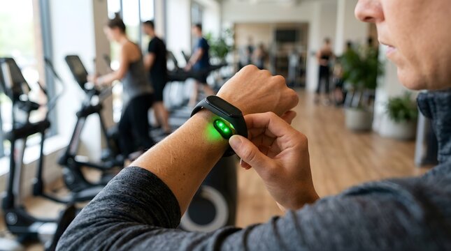 Person checking heart rate on a smart fitness tracker inside a gym