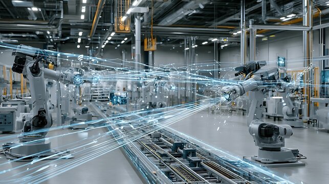 Industrial 5G AI factory network, robotic machines connected through wireless data streams, intelligent sensors