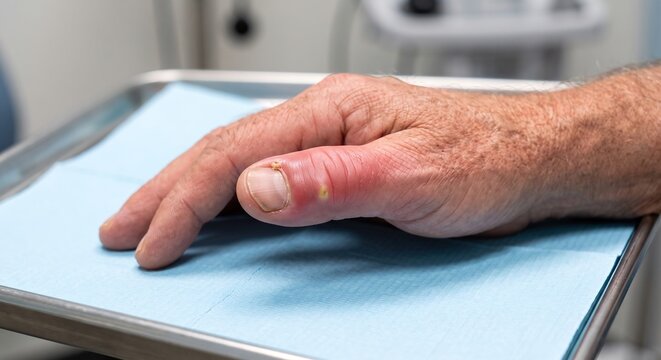 Close Up of Thumb Paronychia Infection with Pus Blister and Severe Erythema