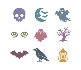Obraz premium Spooky Halloween Silhouette Icon Set, Creepy Flat Vector Symbols Collection