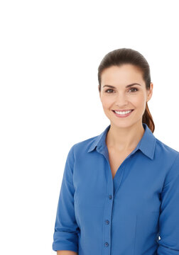 Smiling woman in blue shirt portrait.