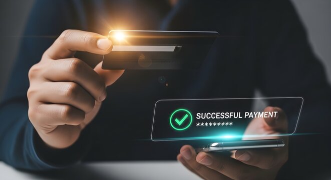 Secure Digital Transaction. Person holding credit card and smartphone with glowing successful payment interface ideal for fintech blogs and e-commerce marketing.