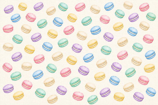 Seamless watercolor pattern of pastel french macarons on cream background