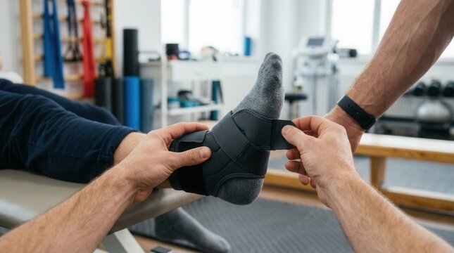 Physical therapist applies ankle brace to patient's foot, aiding recovery and mobility in rehabilitation clinic