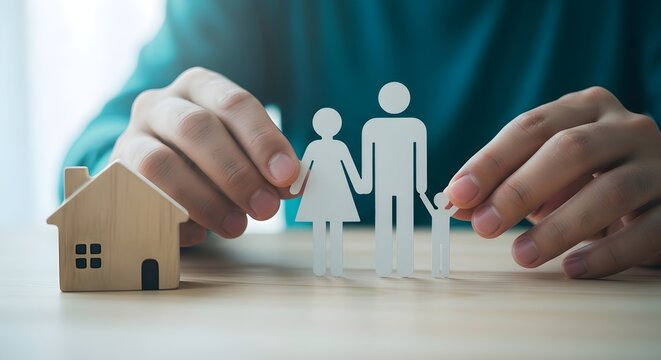 Family Protection Concept with hands surrounding paper family figures and wooden house model on table, ideal for life insurance, real estate marketing, and financial security services.
