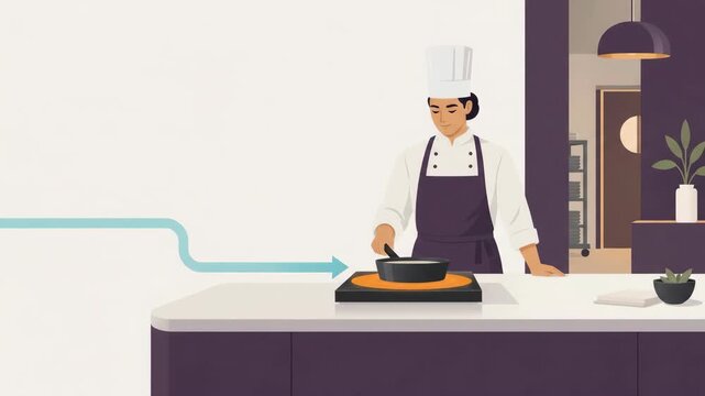 Animated chef cooking in a modern kitchen with an electric induction