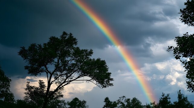 A vivid rainbow arcs across a dramatic sky filled with dark storm clouds and silhouetted tree branches