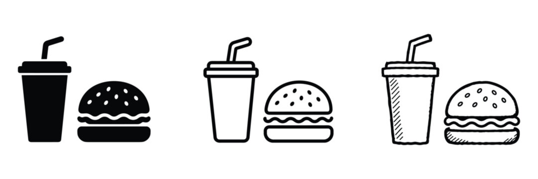 Fast food icon set in solid outline and sketch styles beverage refreshment