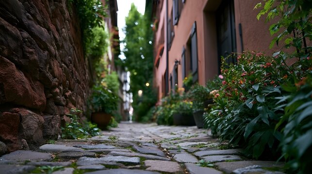 A narrow cobblestone alleyway flanked by stone walls and flowering plants under soft natural light