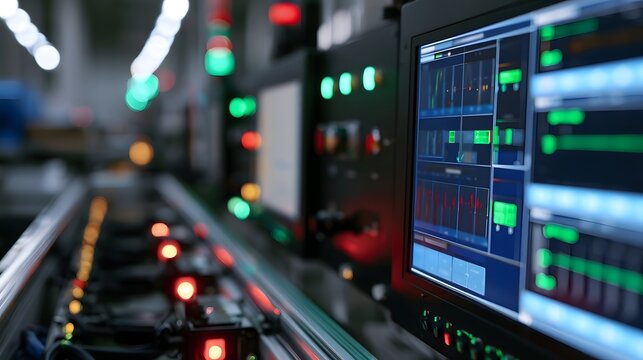 Control panel with glowing indicators and digital displays showing real time data in an industrial automation setting