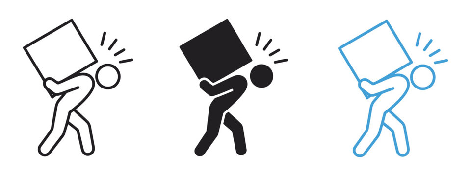 Person carrying a heavy burden or box icon vector, symbol of challenges, hard work, perseverance, effort, struggle, responsibility, determination, and overcoming obstacles.