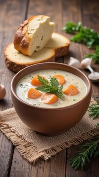 Creamy salmon soup with fresh dill garnish and rustic bread on table