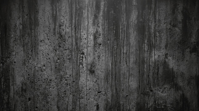 Dark Stormy Gray Concrete Wall Texture, Wet Grunge Cement Background with Black Drip Marks and Weathered Industrial Surface