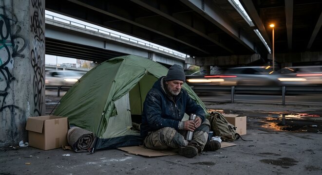 Sad Homeless Man Living in a Tent on the Street &ndash; Urban Poverty, Social Issues and Homelessness Crisis