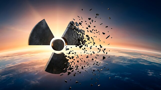 A crumbling radioactive symbol floating above the Earth against a sunset sky.
