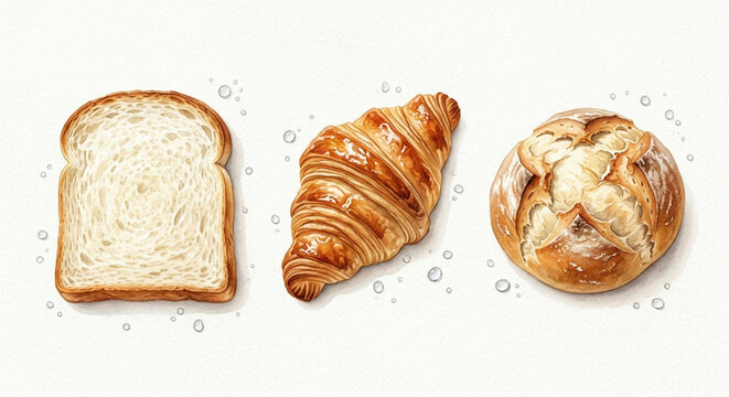 Watercolor illustration set of fresh bakery products featuring sliced bread, croissant, and round crusty loaf, generative AI