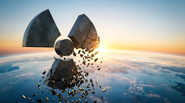 A crumbling radioactive hazard symbol floating above the Earth planet at sunset.